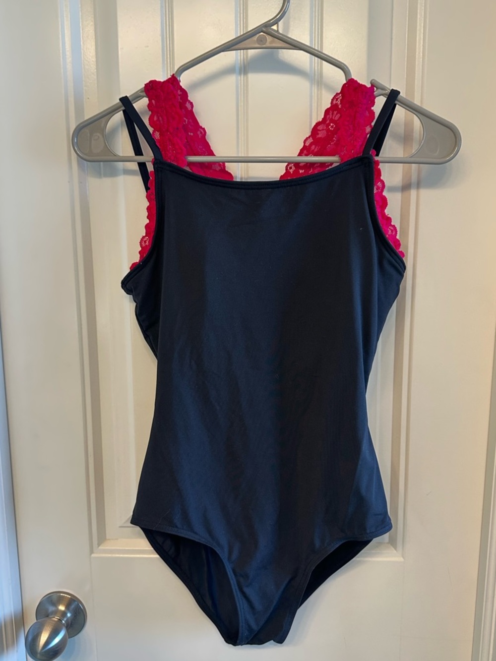 Capezio Black One-Piece leotard with Hot Pink Lace Panel built in